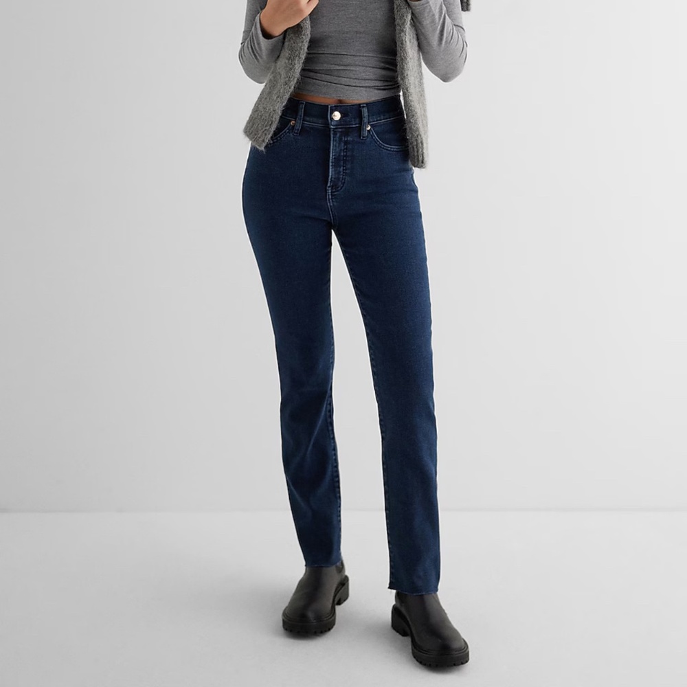 Express High Waisted Dark Wash Raw Hem 90's Slim Jeans